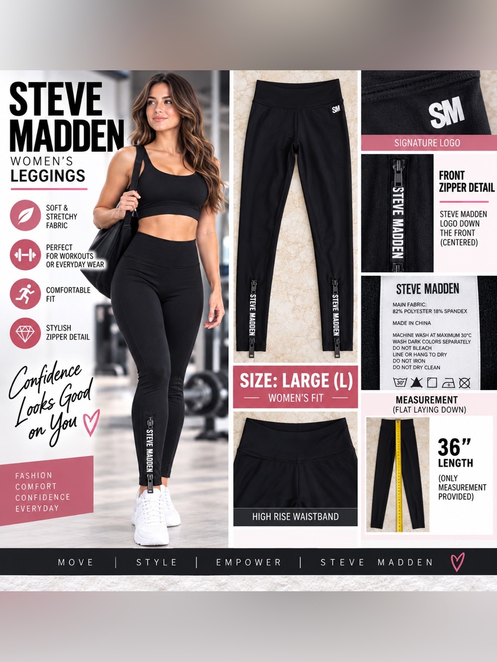 Steve Madden Women’s Large Black High Rise Leggings Ankle Zipper Logo